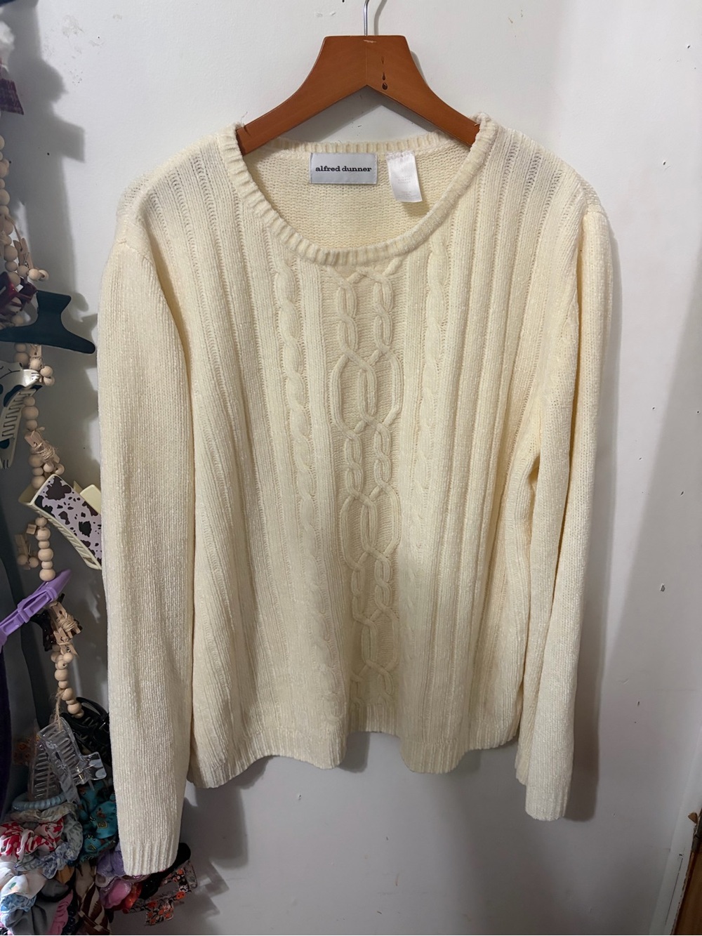 Alfred Dunner Cream Cable-Front Crewneck Sweater